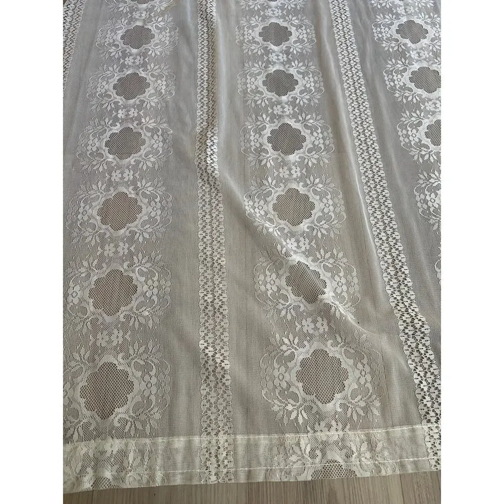 Cream Lace Curtain Panel Set Floral Medallion Pom Pom Valance 4 Pc Cottagecore